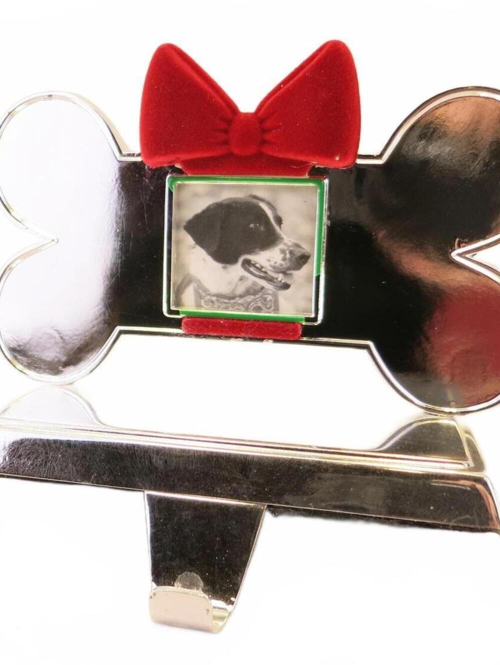 Shiny Silver Color Dog Bone with Red Velvet Bow Photo Frame Stocking Holder